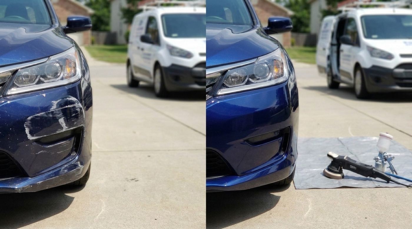 Blue car bumper scuff repaired in the driveway