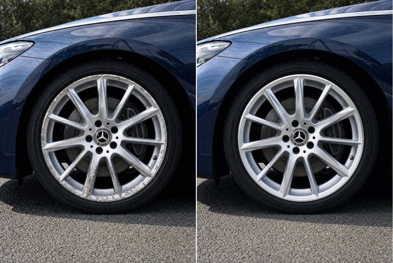 Kerbed alloy wheel before and after a full refinish, on the car