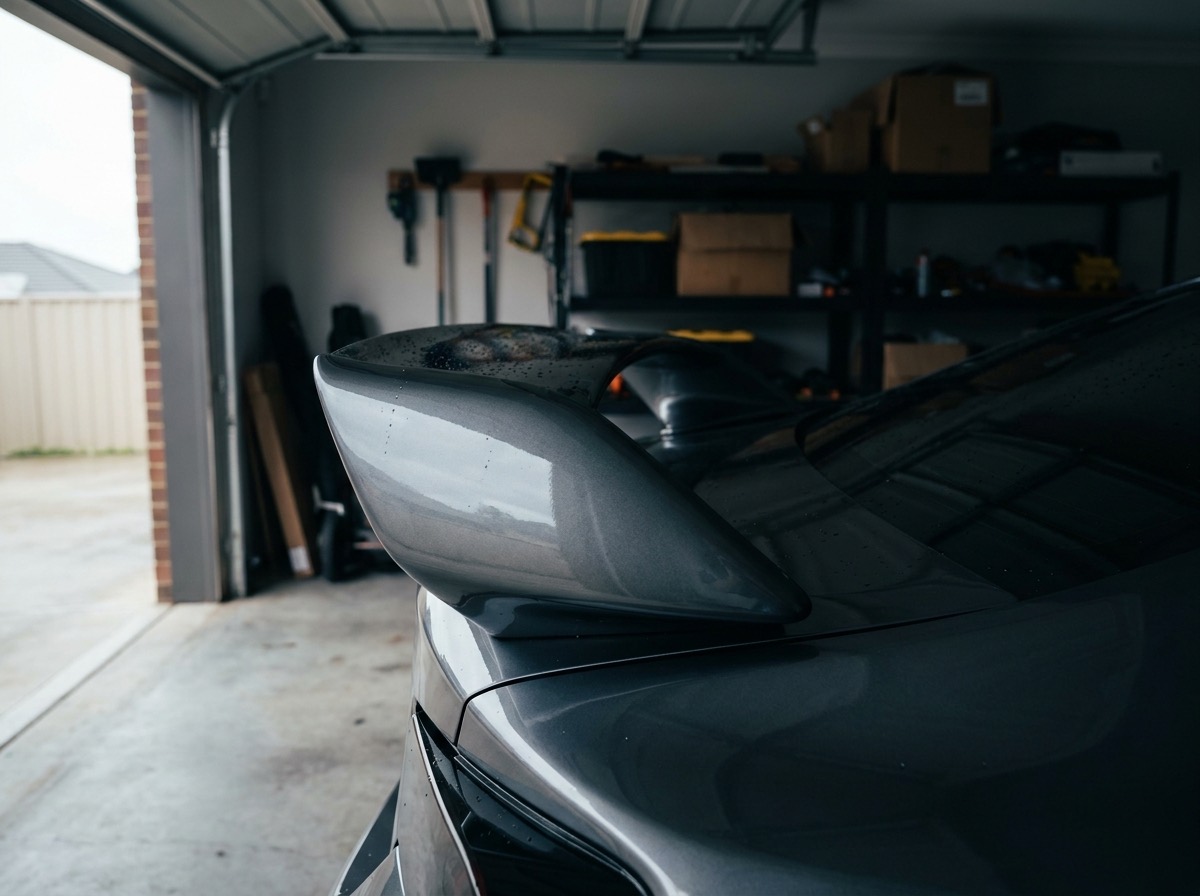 Refinished car spoiler in a garage